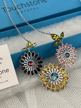 Touchstone Crystal Multicolor Floral Trio Necklace with Green Accents